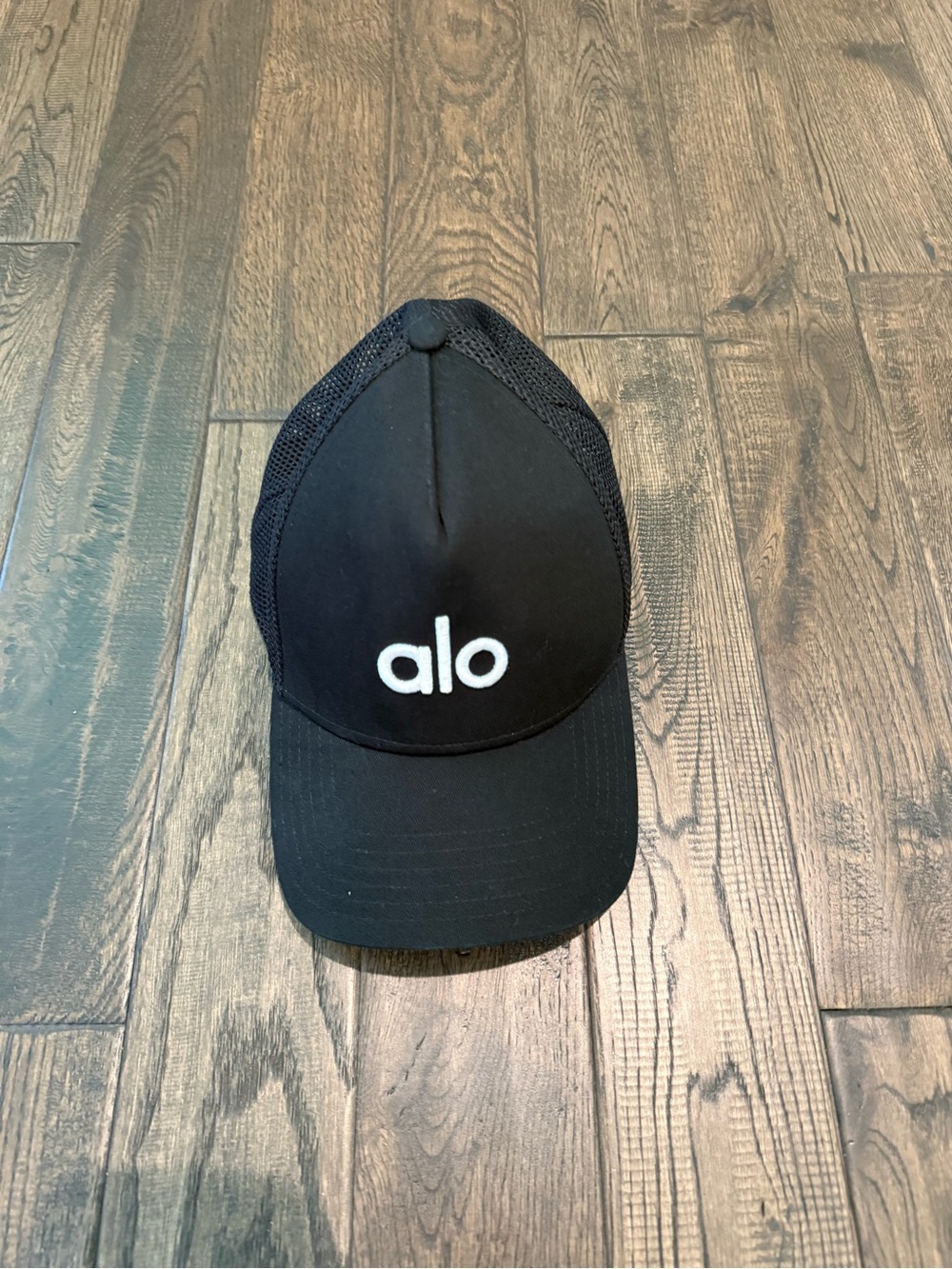 ALO Yoga Black Mesh Trucker Hat with White Logo